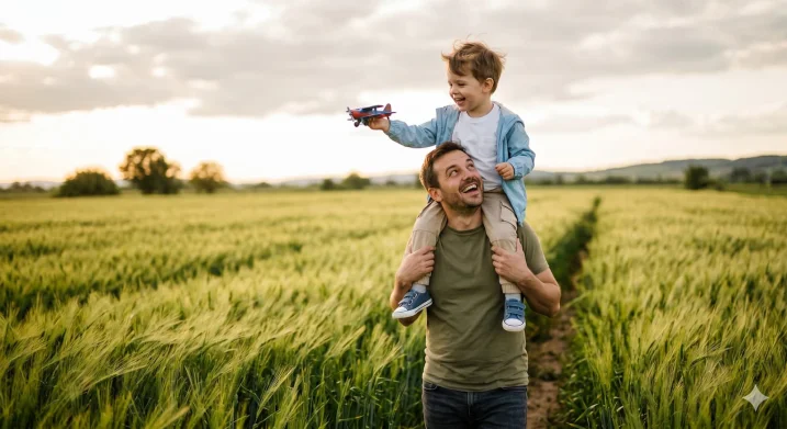Joyful father carrying his young son on his shoulders — AI result