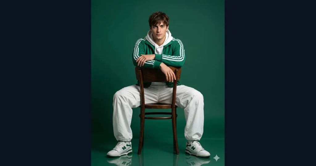 Men's Streetwear Style Prompt | Seated Male Model In Green T — AI result