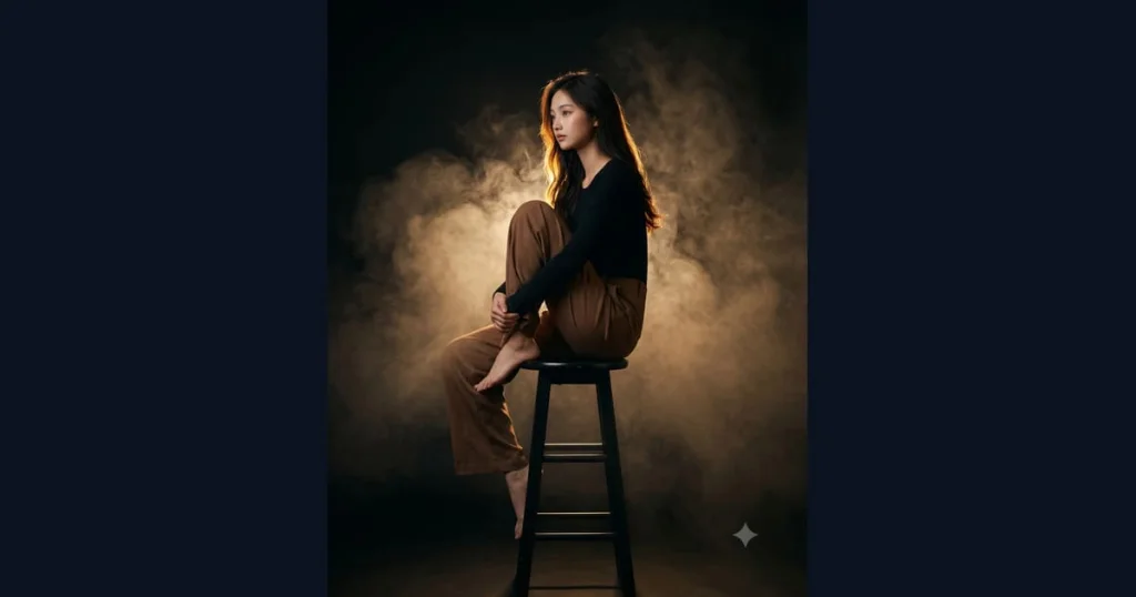 Cinematic Portrait Prompt | Woman Sitting On Stool In Smoke — AI result